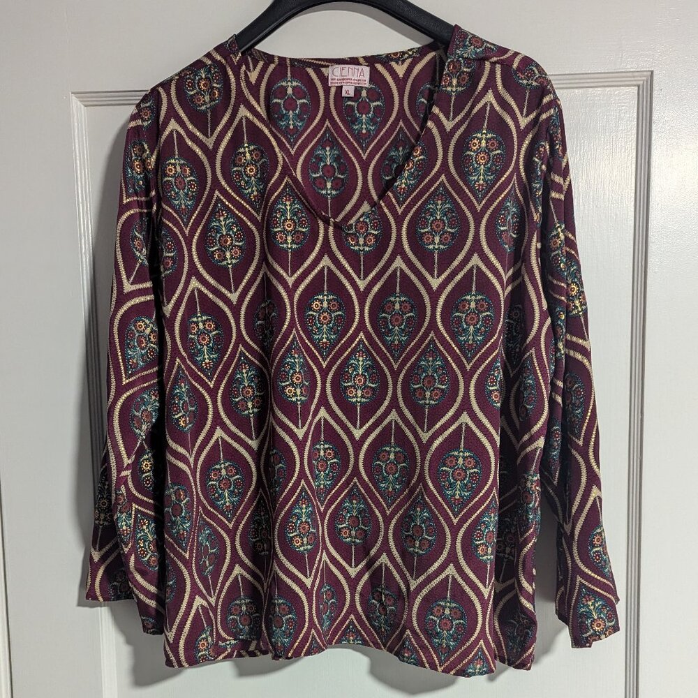 Cienna Silk/Polyester Burgandy & Metallic Blouse, Size XL